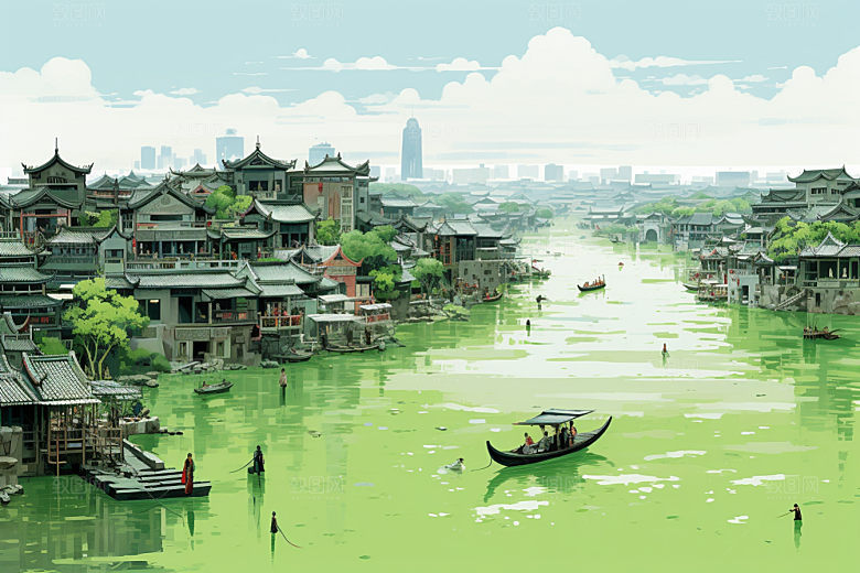 水墨江南小桥流水手绘插画