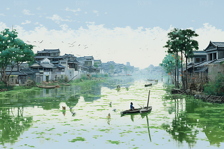 水墨江南小镇水彩插画