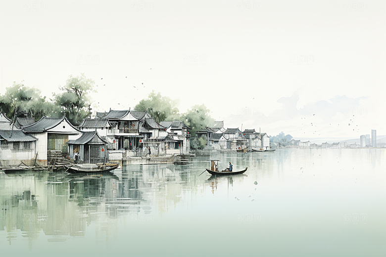 水墨江南小桥流水中式插画