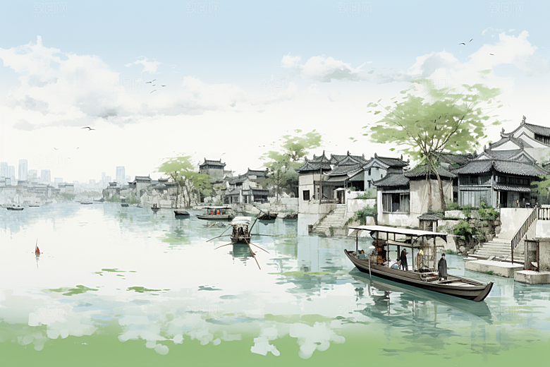 水墨江南手绘中式插画