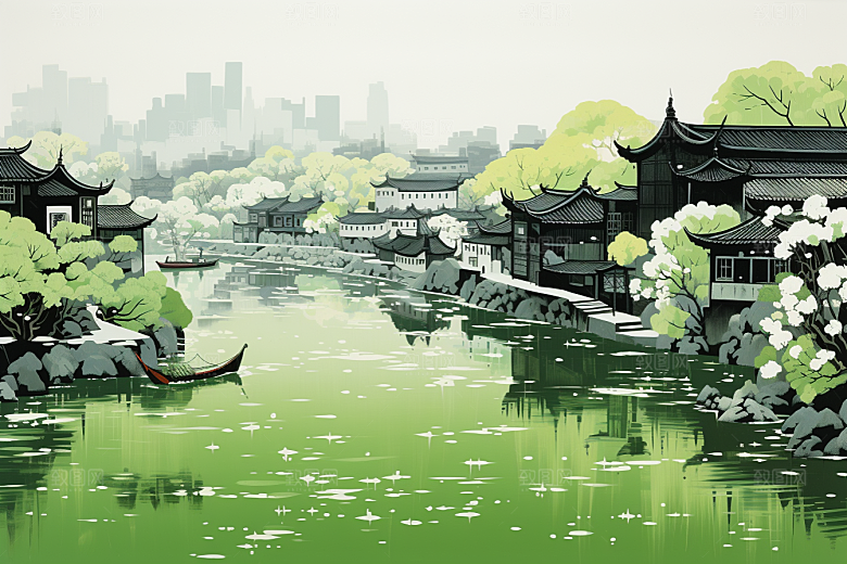 水墨江南小镇手绘插画
