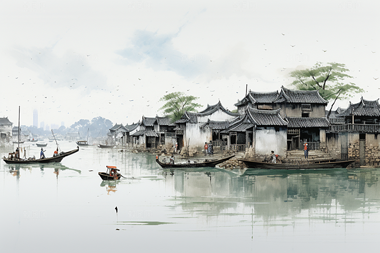 水墨江南粉墙黛瓦水乡插画