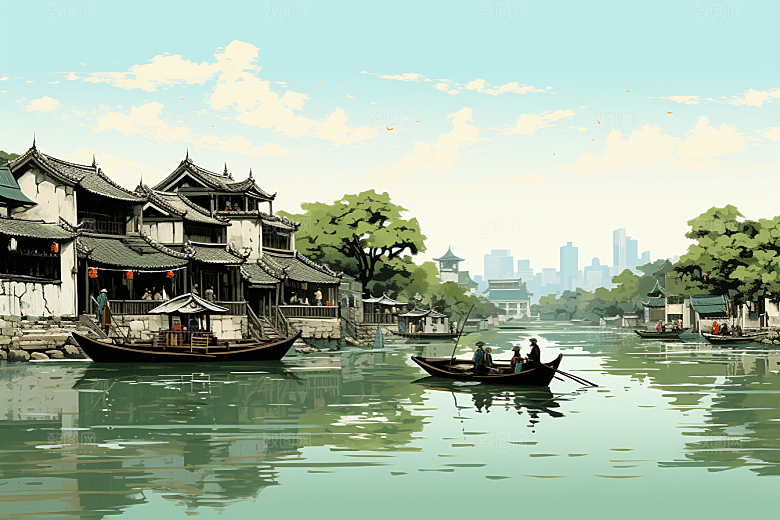 水墨江南粉墙黛瓦中式插画