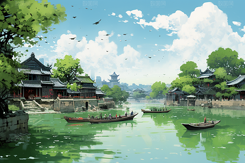 水墨江南小桥流水中国风插画