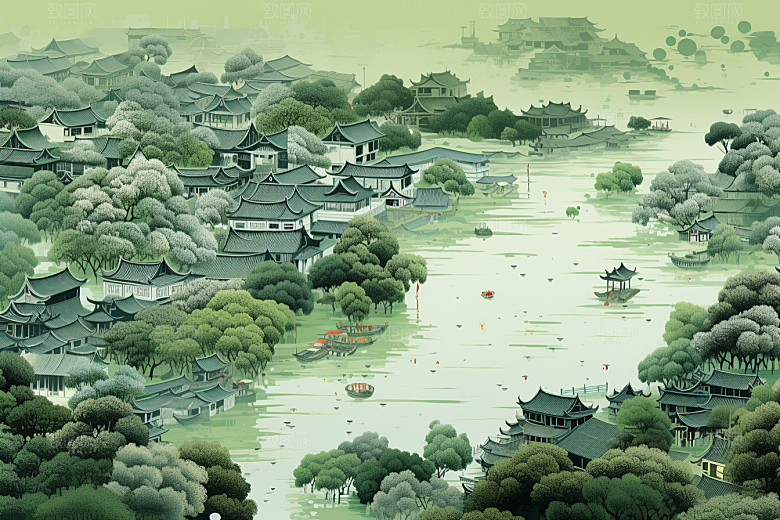 水墨江南中国风水彩插画