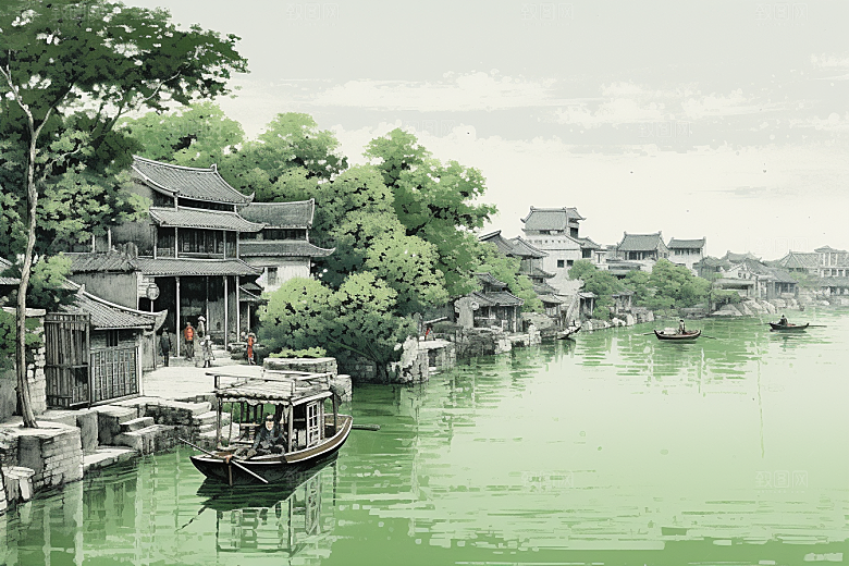 水墨江南水彩小桥流水插画