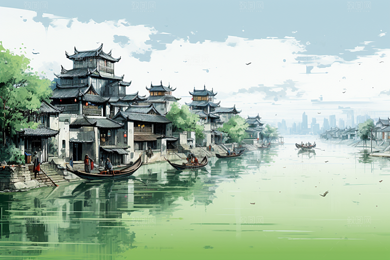 水墨江南水彩小桥流水插画