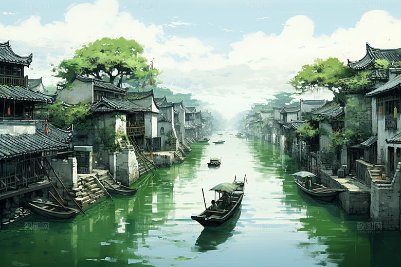 水墨江南手绘粉墙黛瓦插画