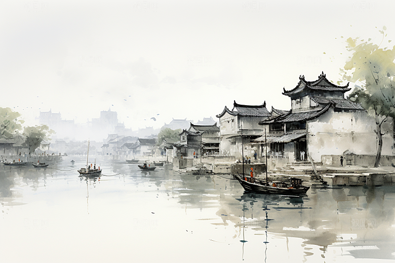 水墨江南小镇手绘插画