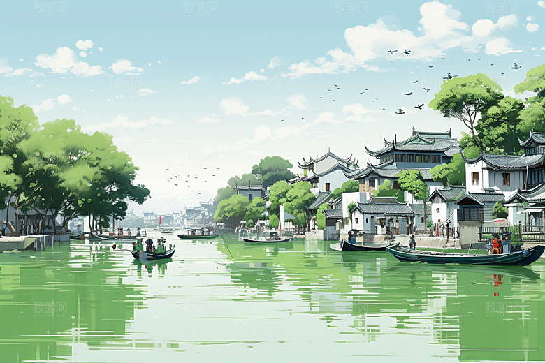 水墨江南小镇粉墙黛瓦插画