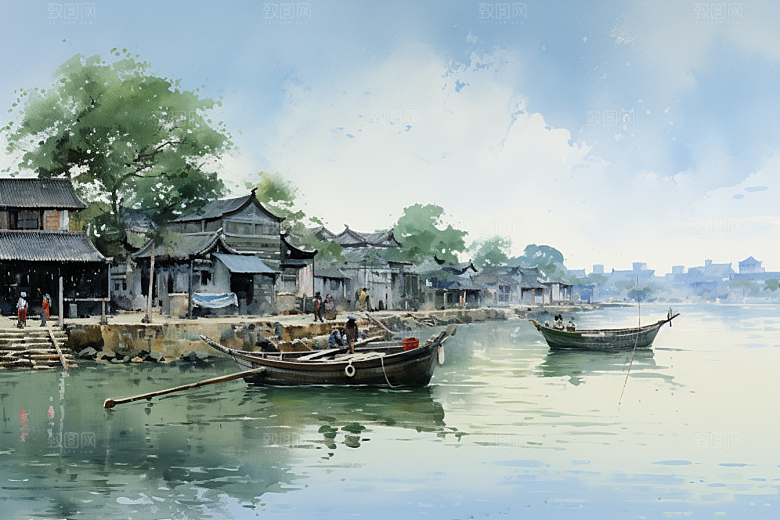 水墨江南小镇粉墙黛瓦插画