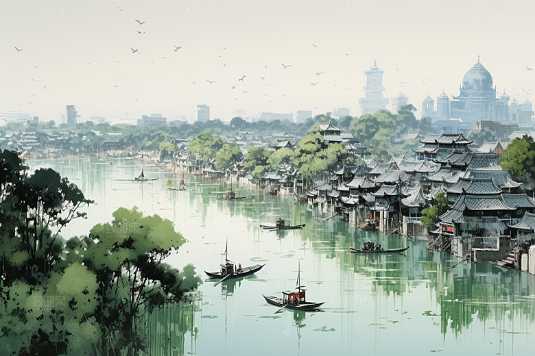 水墨江南水乡粉墙黛瓦插画