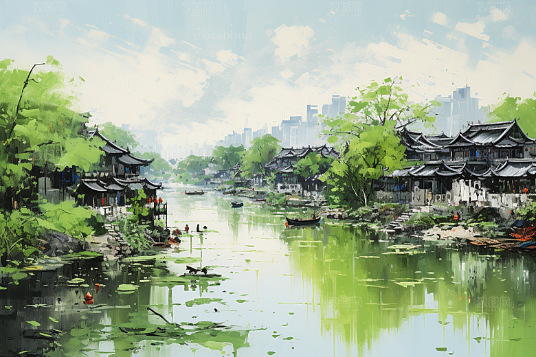 水墨江南小镇手绘插画