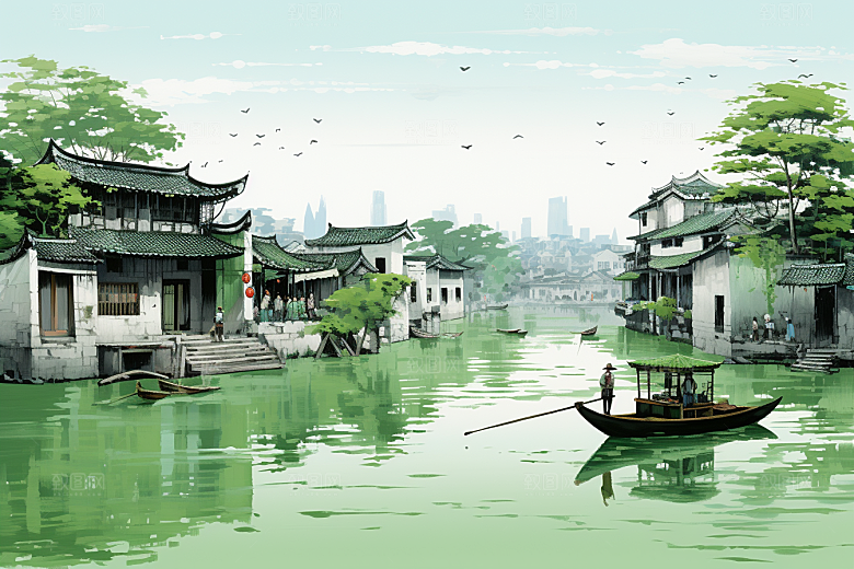 水墨江南粉墙黛瓦小镇插画