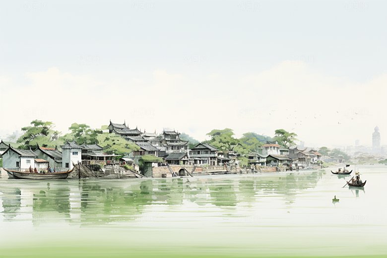 水墨江南水彩粉墙黛瓦插画