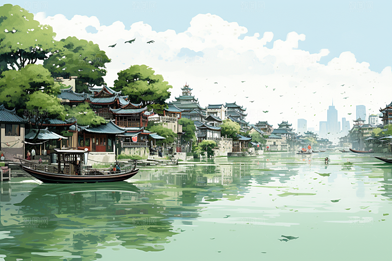 水墨江南水乡小桥流水插画