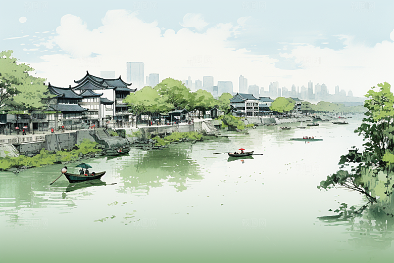 水墨江南水乡手绘插画