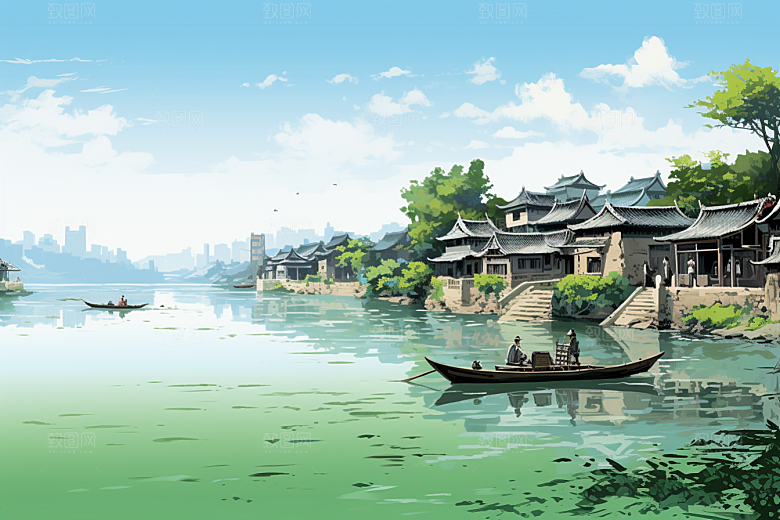 水墨江南小桥流水水乡插画