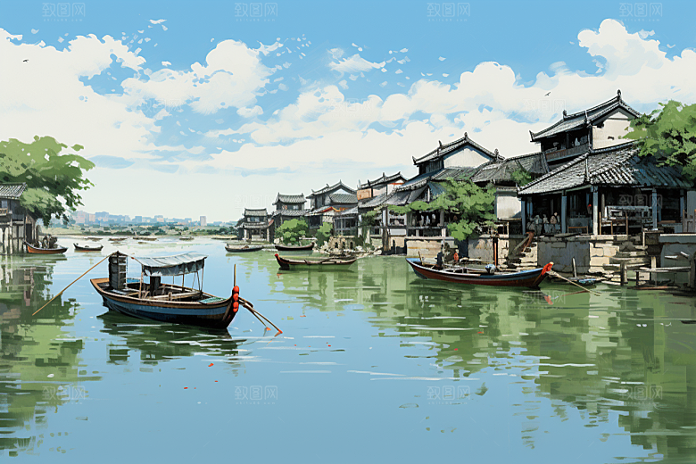 水墨江南小镇粉墙黛瓦插画