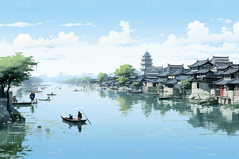 水墨江南粉墙黛瓦水乡插画