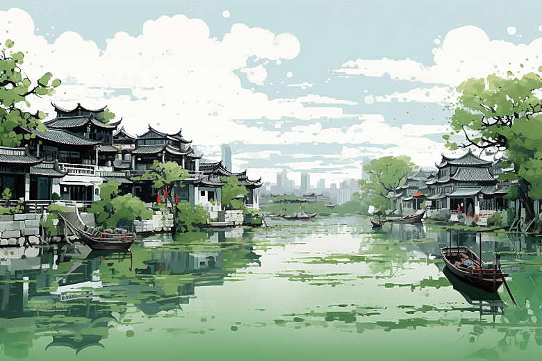 水墨江南手绘水乡插画