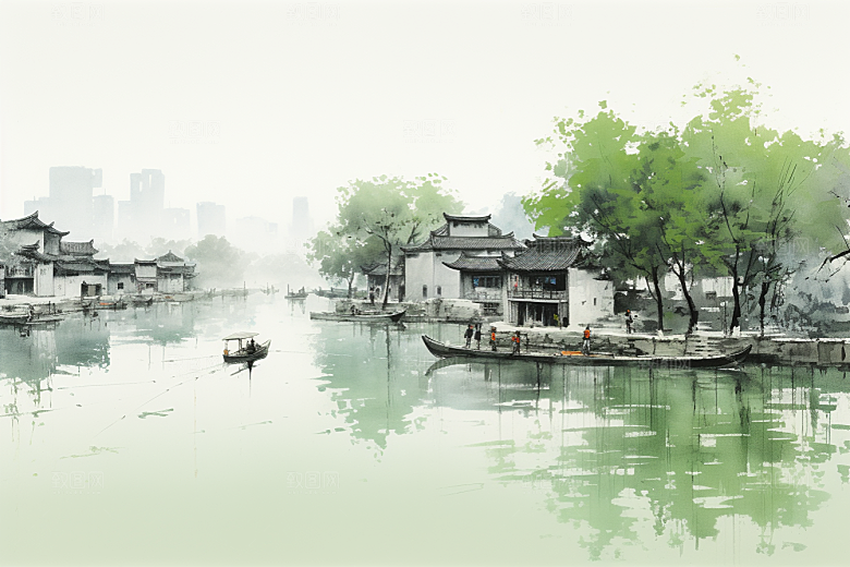水墨江南中国风小镇插画