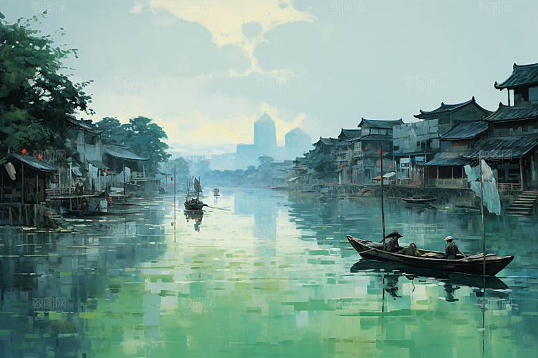水墨江南中国风粉墙黛瓦插画