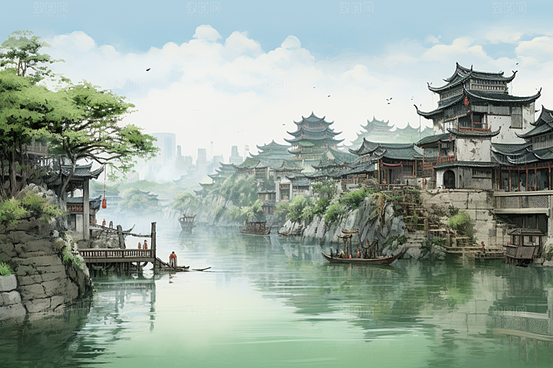 水墨江南中国风粉墙黛瓦插画