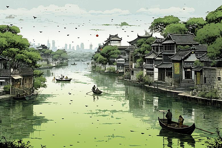 水墨江南中国风中式插画