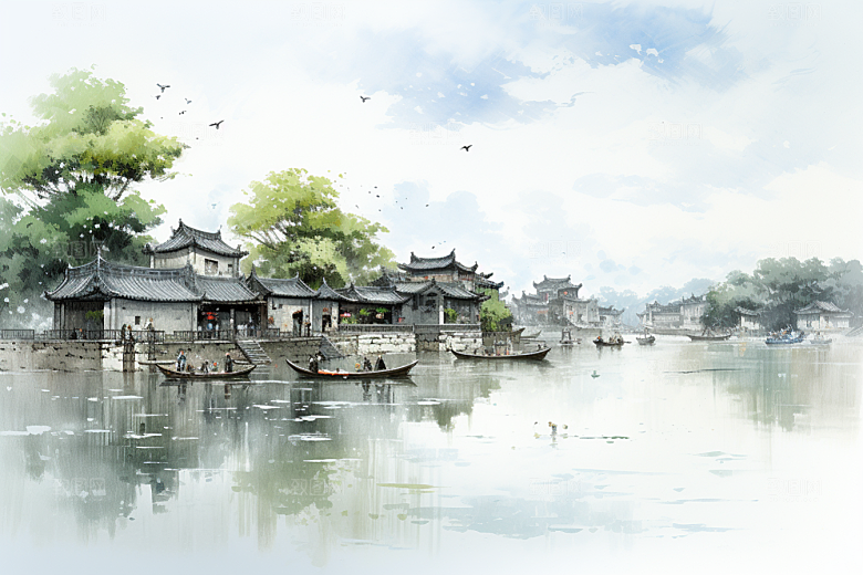 水墨江南水彩小桥流水插画