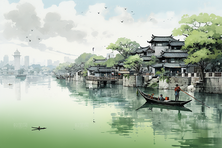 水墨江南水彩粉墙黛瓦插画