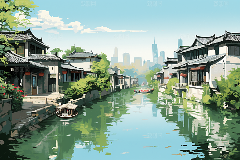 水墨江南小桥流水晕染插画