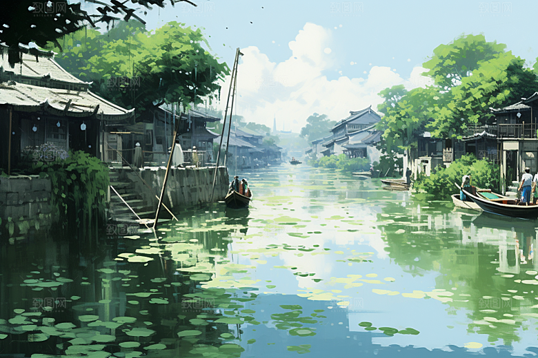 水墨江南小桥流水小镇插画