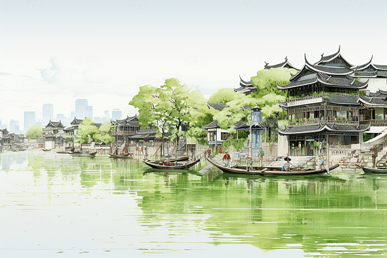 水墨江南粉墙黛瓦水彩插画