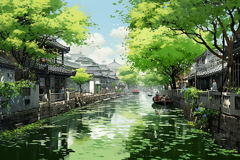 水墨江南手绘水乡插画