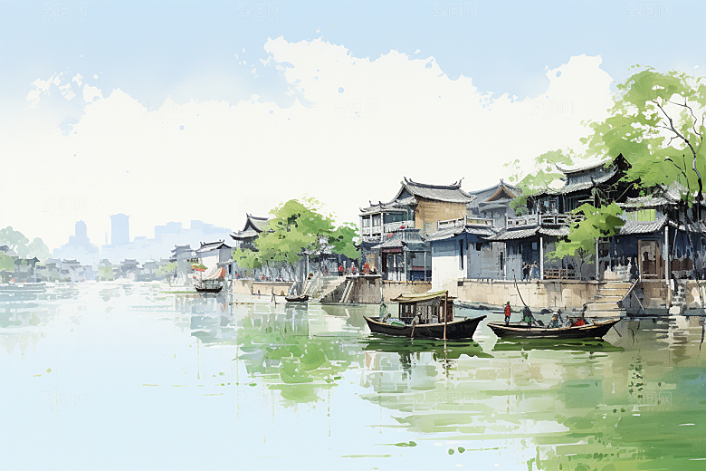 水墨江南水乡水彩插画
