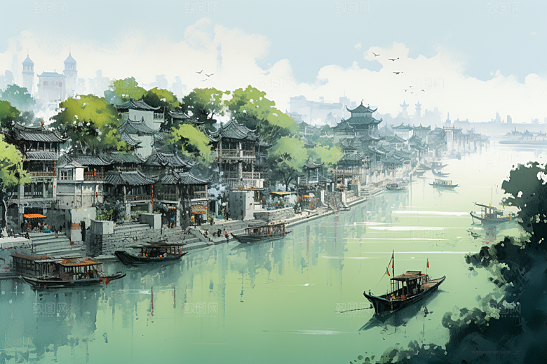 水墨江南中式水乡插画