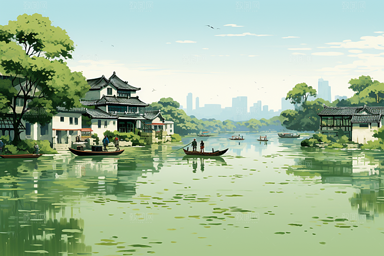 水墨江南手绘水乡插画