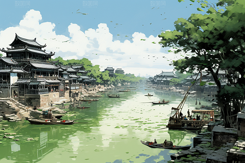 水墨江南手绘水彩插画