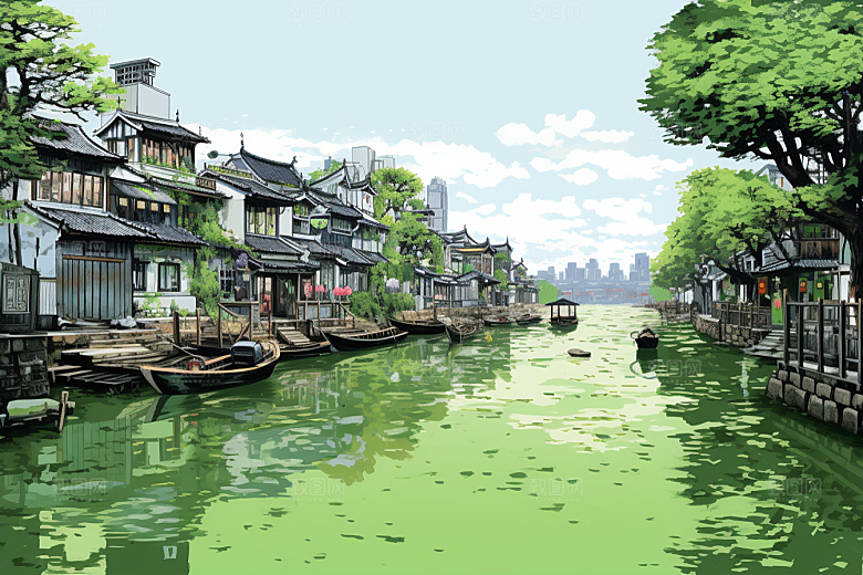 水墨江南小桥流水晕染插画