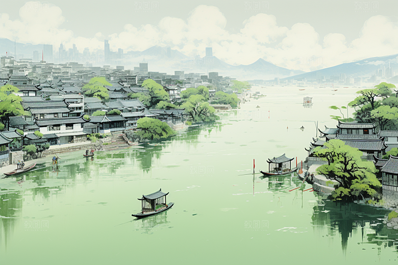 水墨江南水彩中国风插画