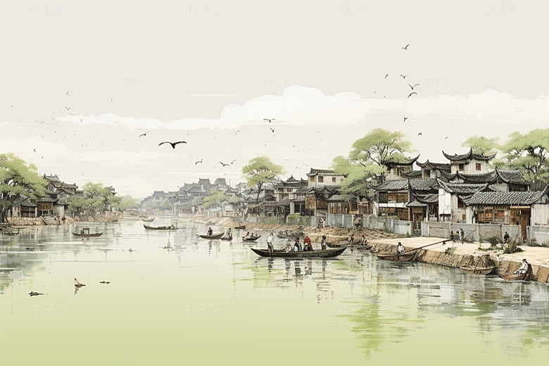 水墨江南中国风手绘插画