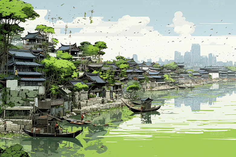 水墨江南水乡水彩插画