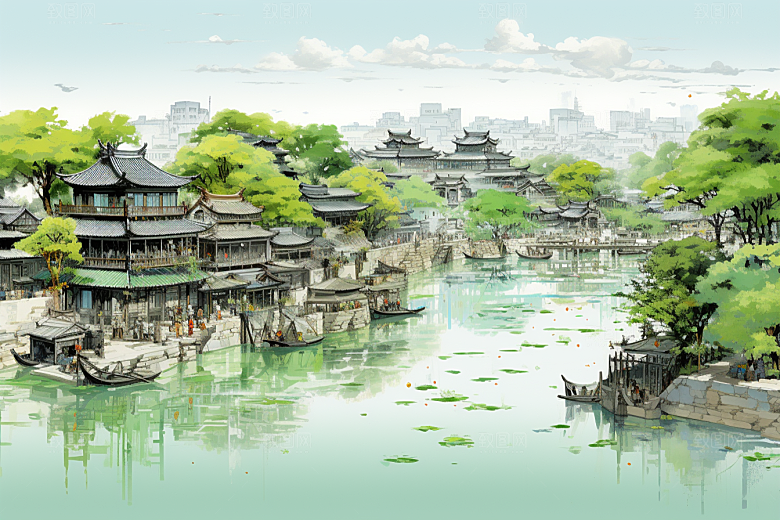 水墨江南中国风晕染插画