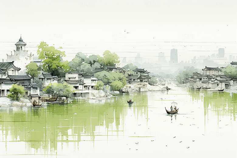 水墨江南中式小桥流水插画