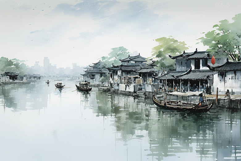 水墨江南中式小镇插画