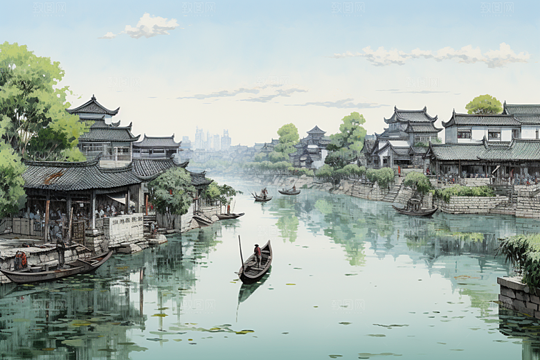 水墨江南手绘小桥流水插画