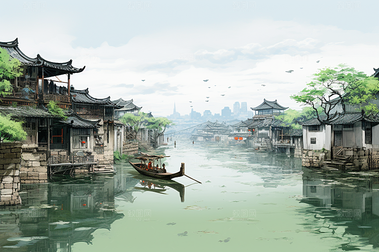 水墨江南小镇粉墙黛瓦插画