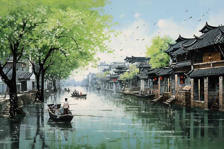 水墨江南手绘晕染插画