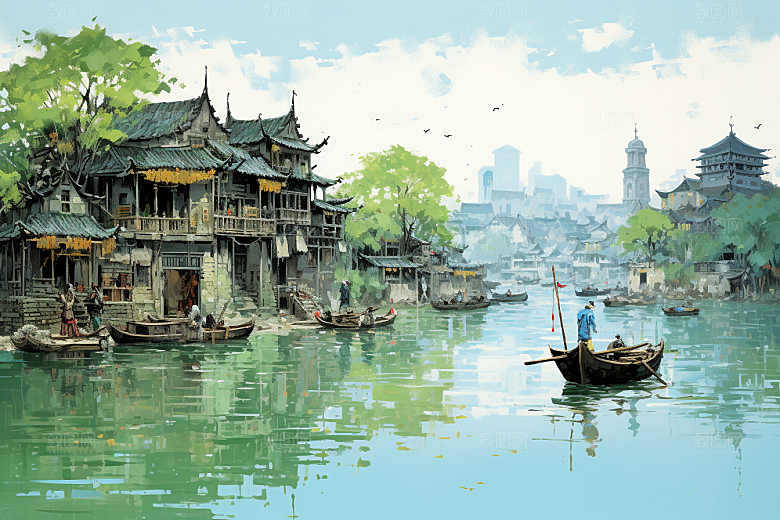 水墨江南水彩中国风插画
